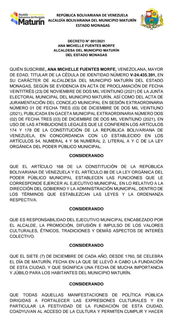 aqui estan los decretos por el dia de maturin laverdaddemonagas.com decreto1 municipal