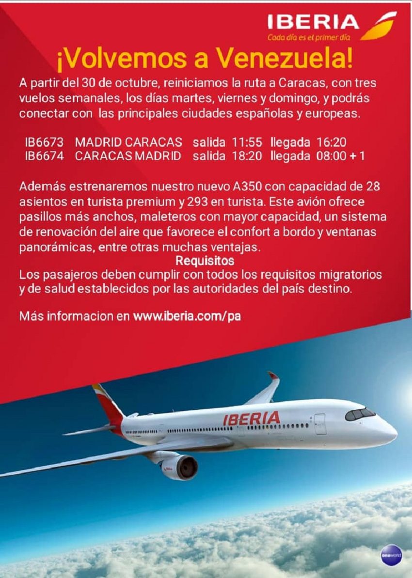 iberia reinicia sus vuelos hacia caracas el 30oct y tendra 3 frecuencias semanales laverdaddemonagas.com iberiavuelocaracas