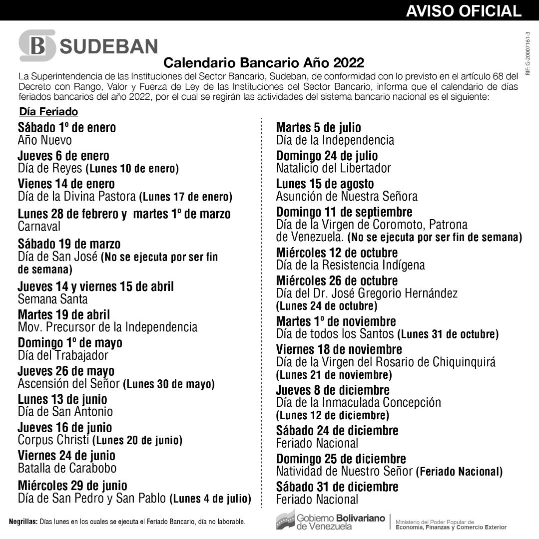 sudeban mira cual sera el proximo feriado bancario laverdaddemonagas.com calendario bancaria 2022