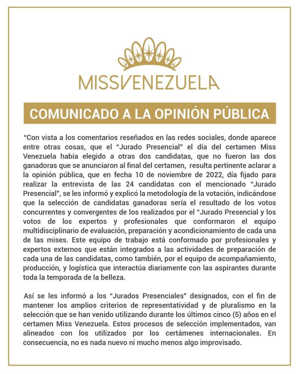 Miss Venezuela responde y detalla el proceso de elección de ganadoras