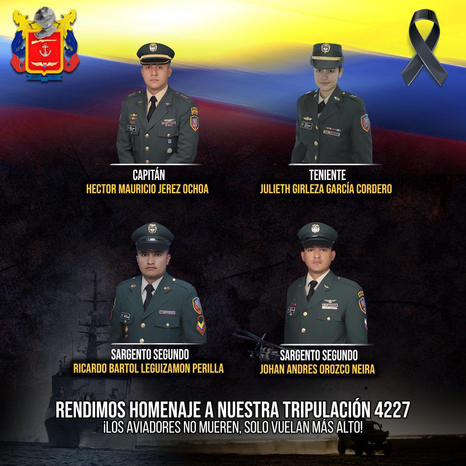 Las autoridades de Colombia informaron que los ocupantes de la nave eran teniente Julieth García, capitán Héctor Jérez y los sargentos Johan Orozco y Rubén Leguizamón