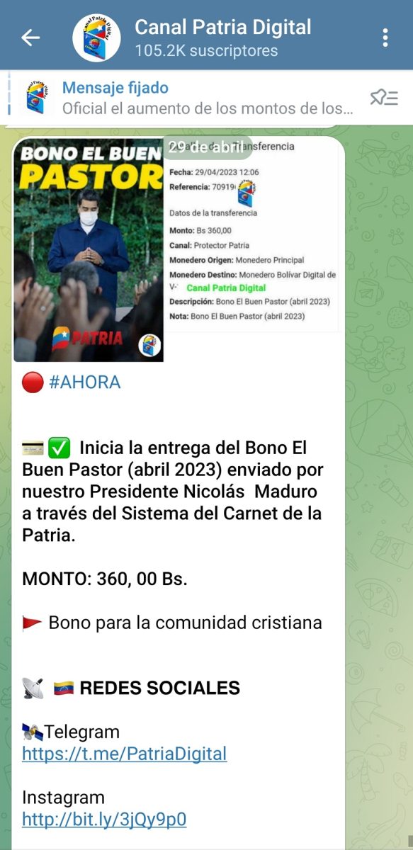 Patria inicia la entrega de bono "El Buen Pastor" del mes de abril