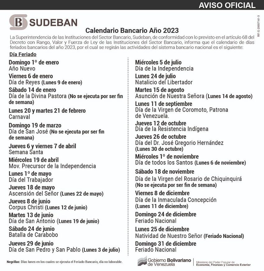 conoce los feriados bancarios restantes de 2023 laverdaddemonagas.com calendario sudeban