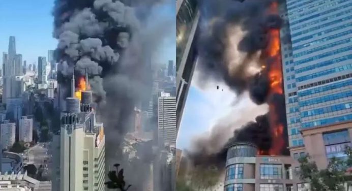 Fuerte incendio consume edificio de oficinas en China