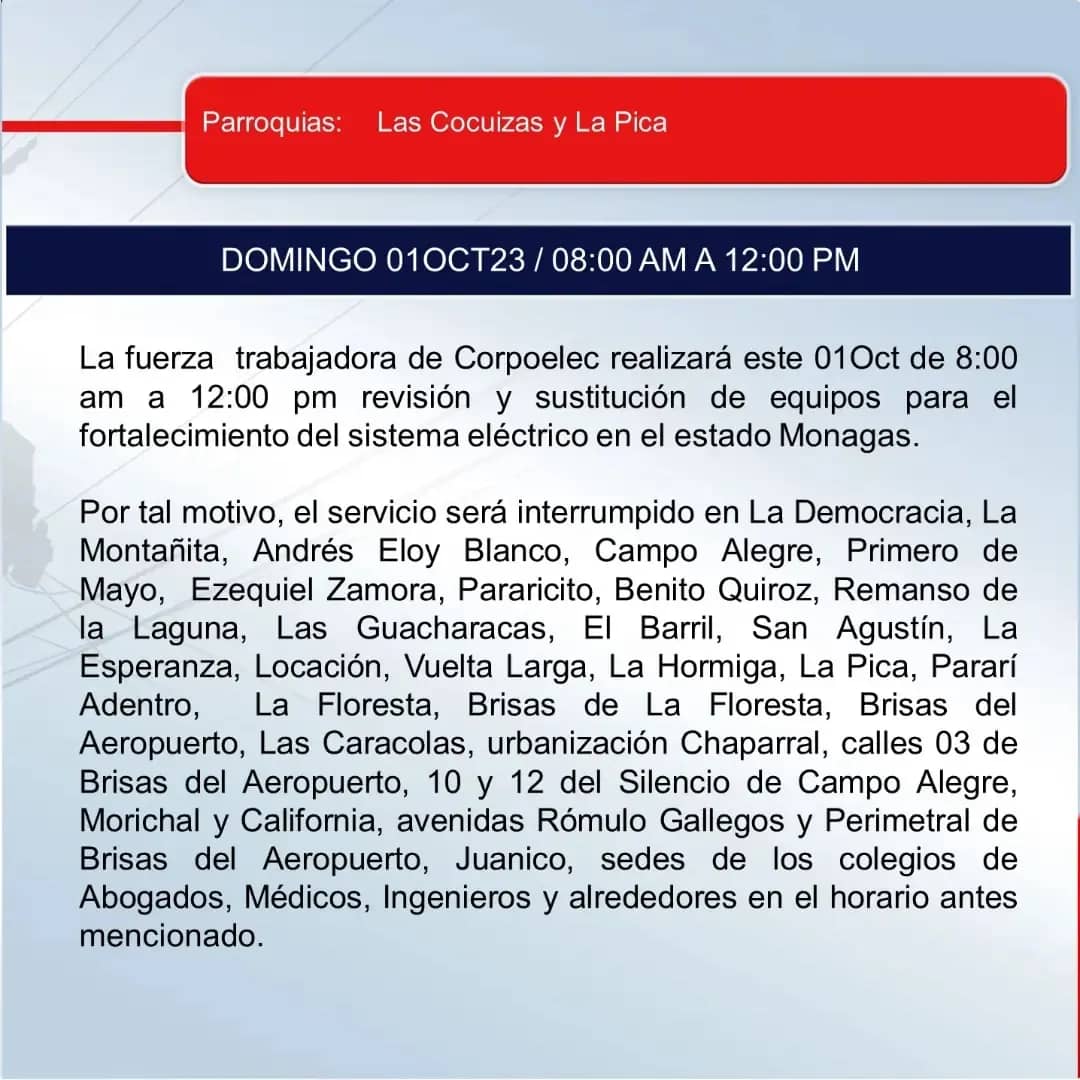 corpoelec informa nuevo corte programado para este domingo 1 de octubre de 2023 laverdaddemonagas.com corpoelec