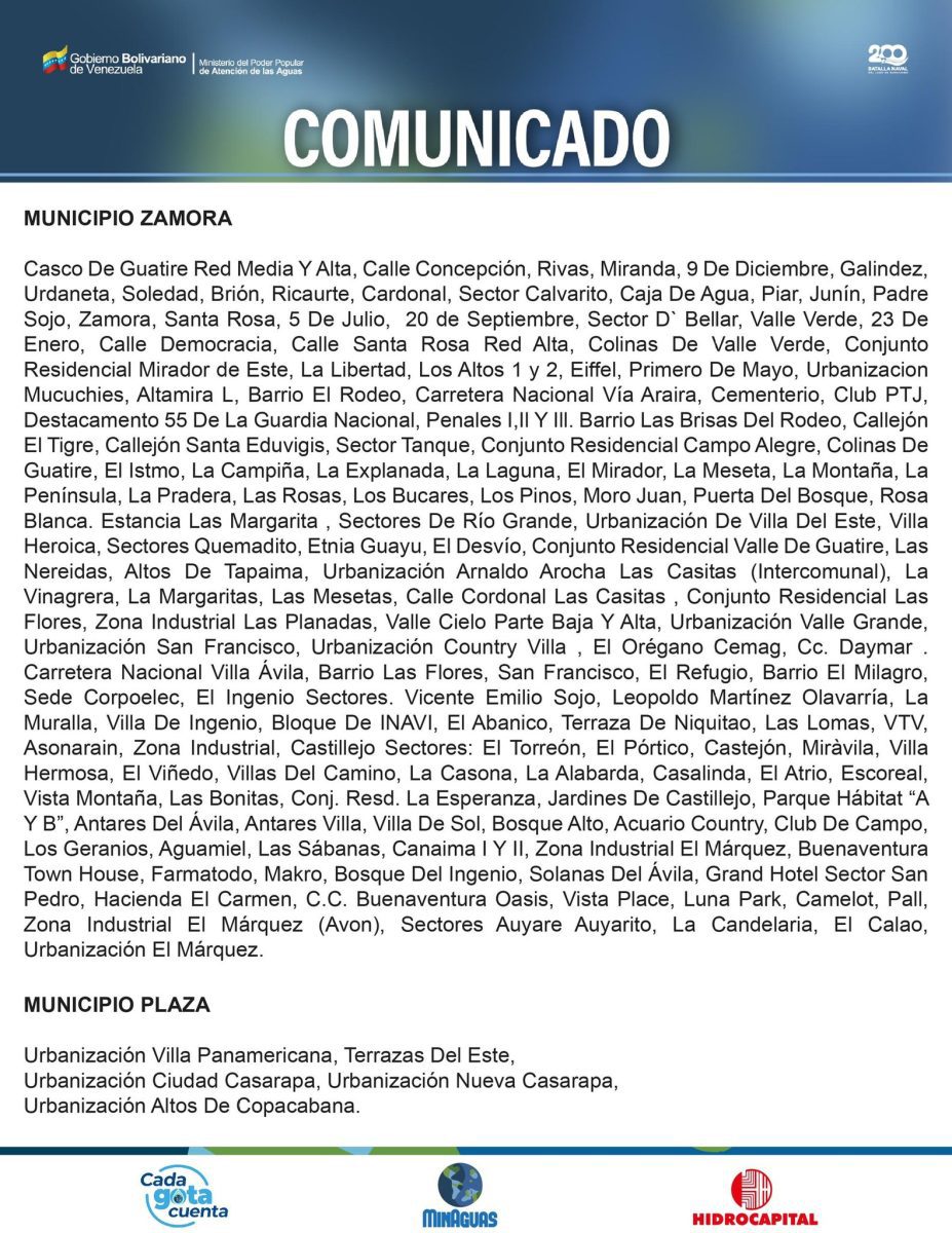 hidrocapital suspende servicio de agua en los municipios plaza y zamora del estado miranda laverdaddemonagas.com comunicado de hidrocapital