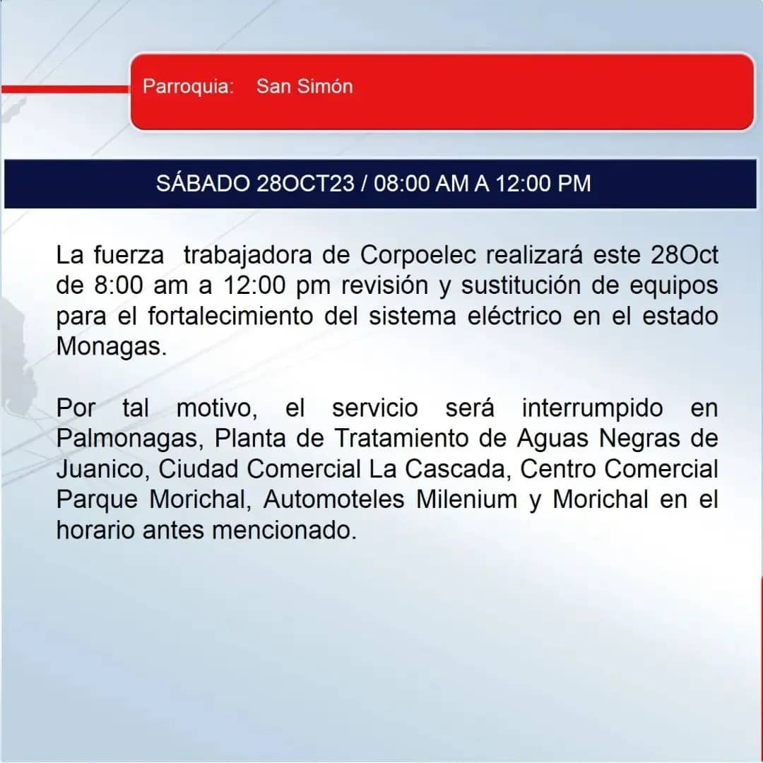 Corpoelec anunció corte eléctrico para dos parroquias este sábado 28 de octubre