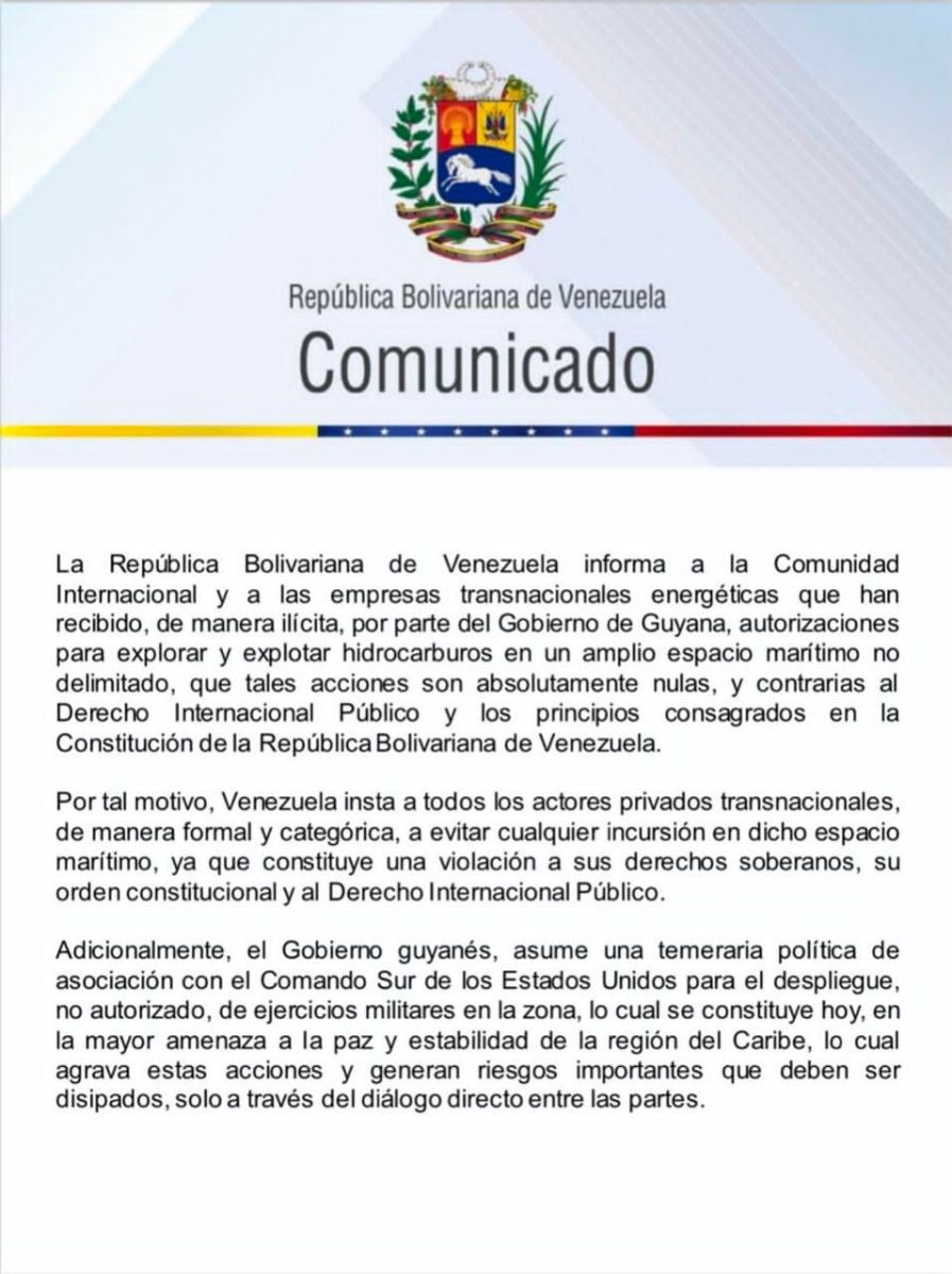 venezuela insta a trasnacionales a evitar explorar y explotar crudo en zonas autorizadas por guyana laverdaddemonagas.com comunicado trasnacionales1