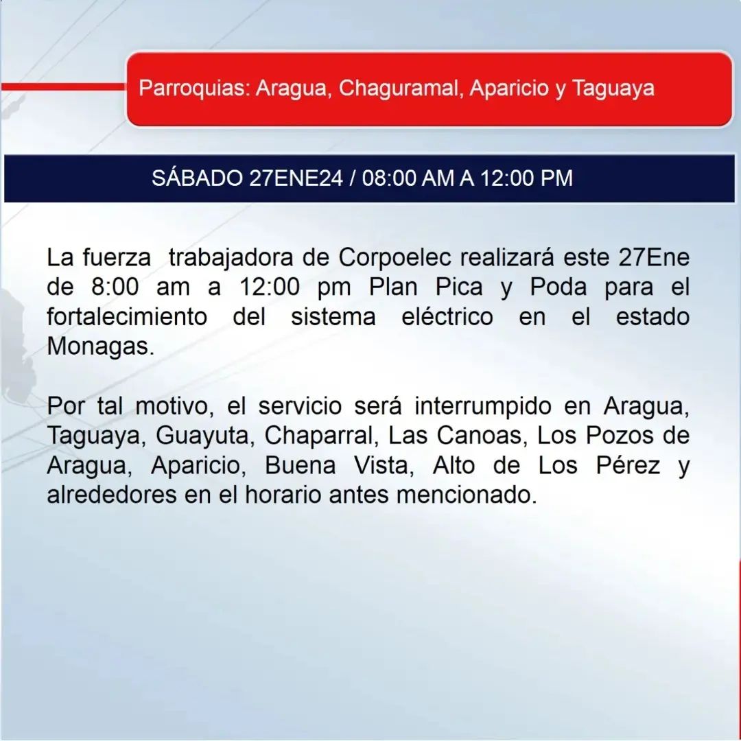 corpoelec suspende servicio electrico en dos municipios este sabado 27ene laverdaddemonagas.com corpoelecmonagas 420103249 2126667671013584 4690785312694770855 n