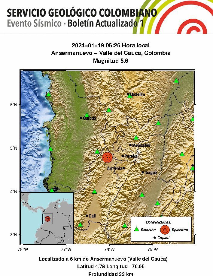 Sismo de magnitud 5.6 sacude a Colombia la mañana de este 19 de enero