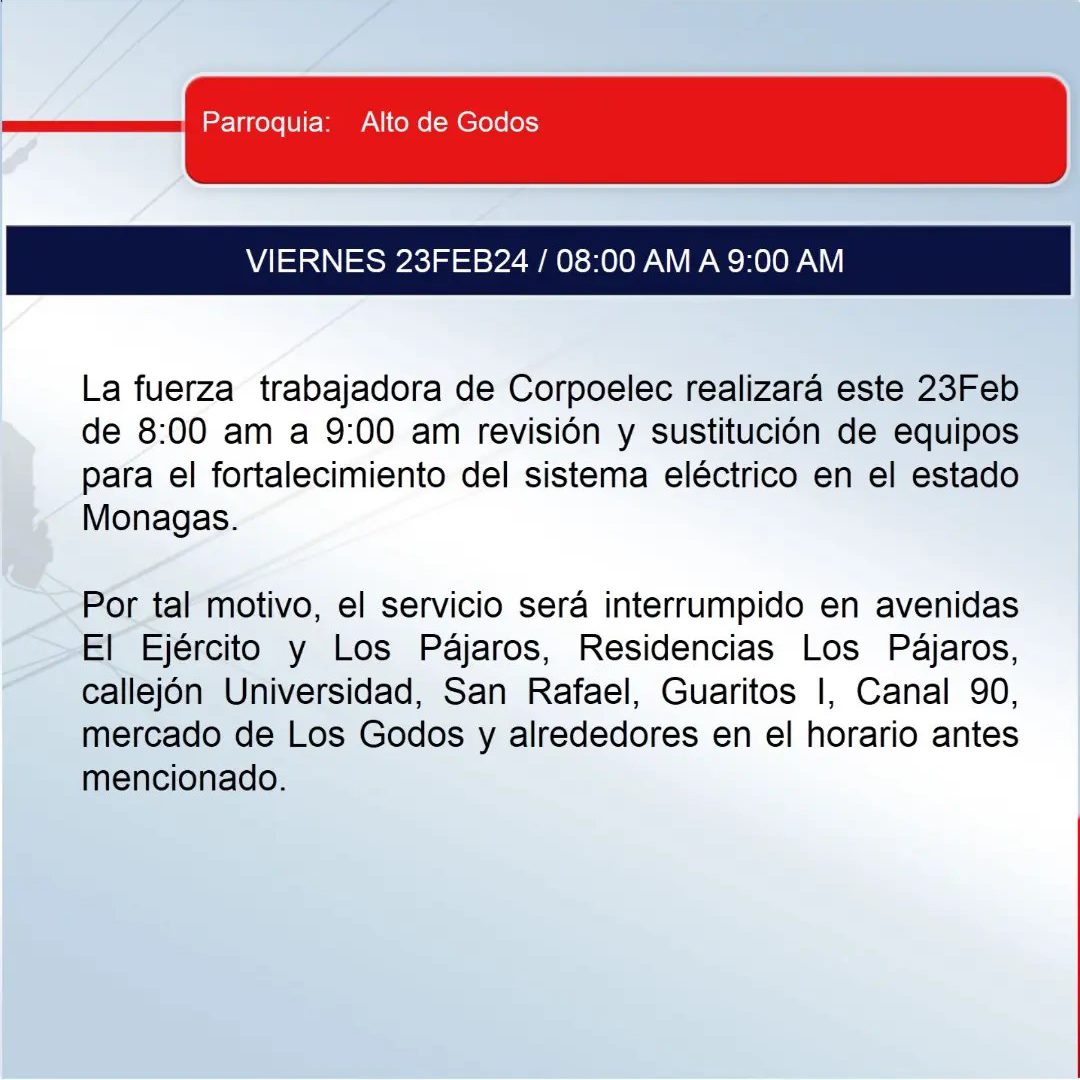 Corpoelec anunció qué sectores se quedarán sin luz este viernes #23Feb