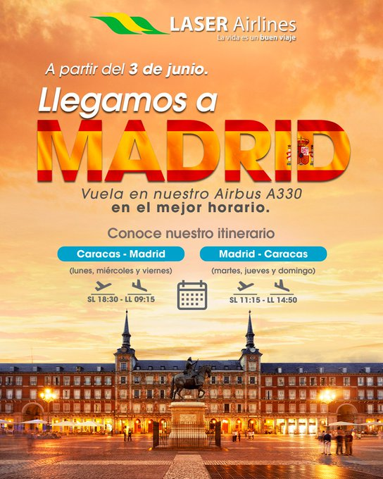A partir del 3 de junio, Laser Airlines ofrecerá vuelos directos a Madrid