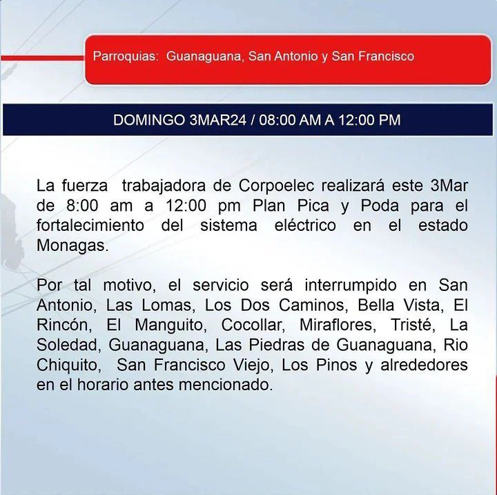 atentos estos tres municipios se quedaran sin energia electrica este domingo 3mar laverdaddemonagas.com image