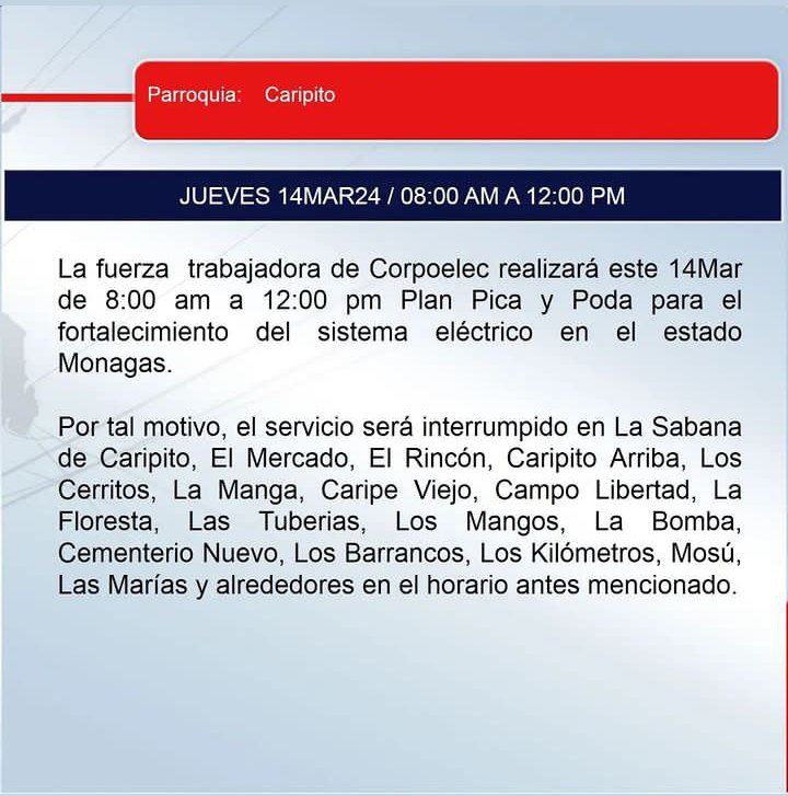 Corpoelec anunció corte eléctrico en este municipio para el jueves 14 de marzo