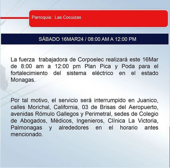 Este sábado 16 de marzo no habrá energía eléctrica en estos sectores