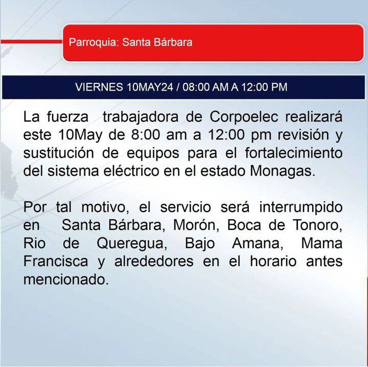 Corpoelec: Este viernes #10May habrá corte eléctrico en este municipio