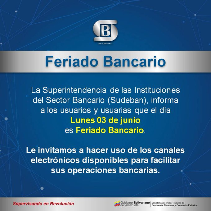 Sudeban: El lunes 3 de junio será feriado bancario