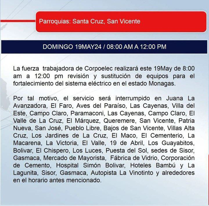 Este domingo #19May habrá corte eléctrico en estos sectores