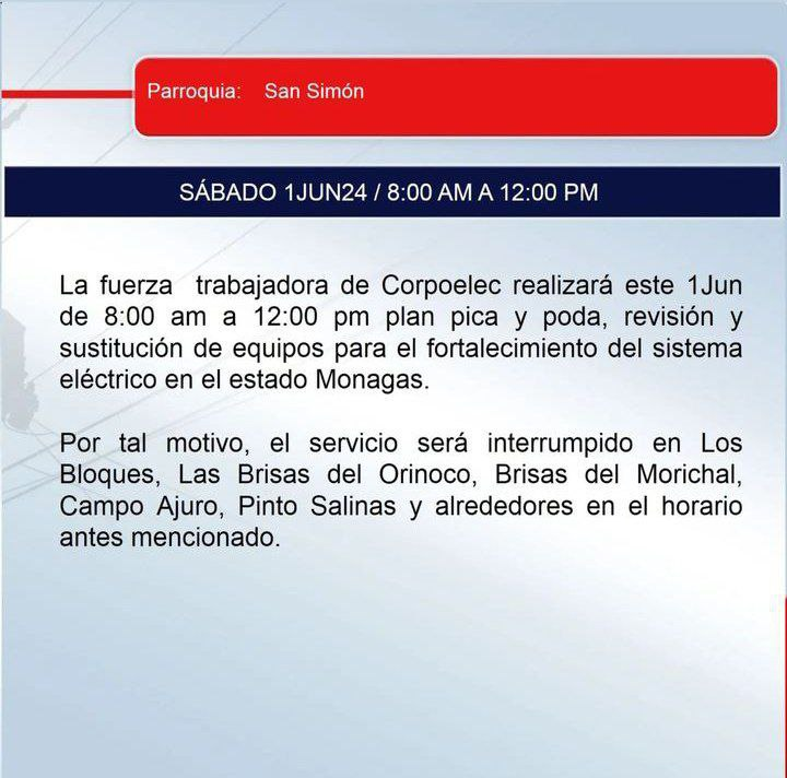 Corpoelec anuncia corte programado en dos municipios para este sábado #1Jun: Aquí los sectores