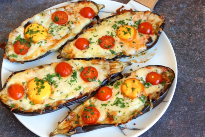 BERENJENAS CREMOSAS con QUESO, HUEVO y TOMATE ¡Sin Horno!