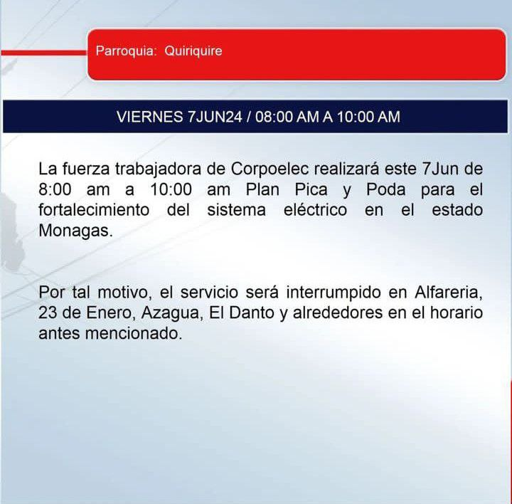Corpoelec realiza mantenimiento este viernes 7 de junio en este municipio