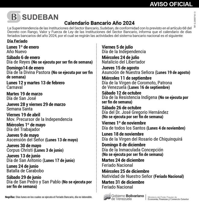 Así trabajará la banca este 24 de julio: Sudeban