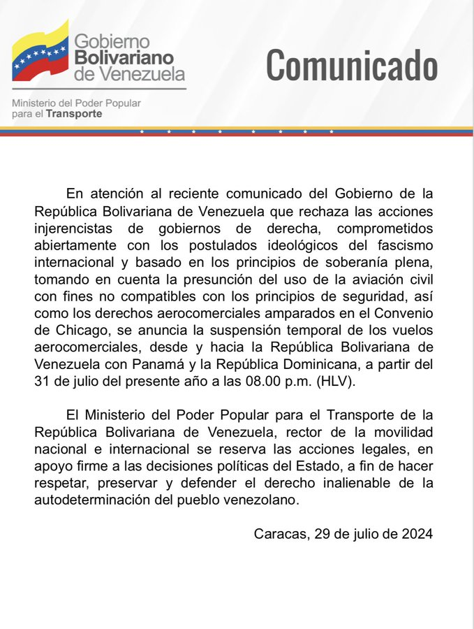 Venezuela suspende vuelos desde Panamá y República Dominicana