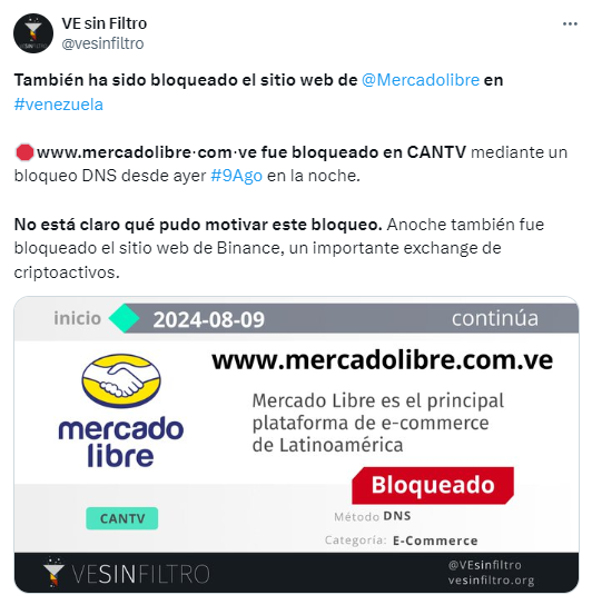 Reportan bloqueo de la web de Mercado Libre en Venezuela