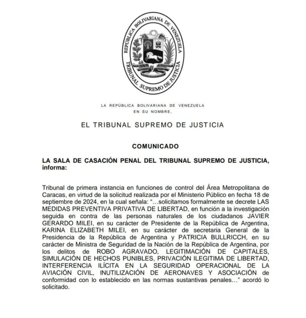 Tribunal venezolano ordena la captura del presidente argentino Javier Milei