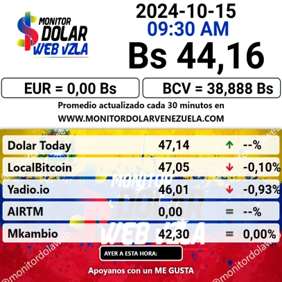 dolartoday in Venezuela price of the dollar this Tuesday, October 15, 2024 la Verdaddemonagas.com monitor2