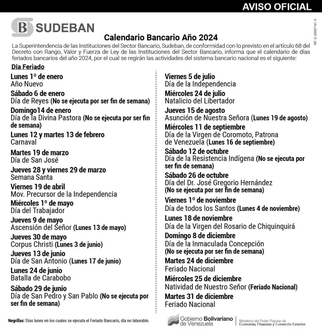 Sudeban anuncia feriado bancario el lunes 4 de noviembre