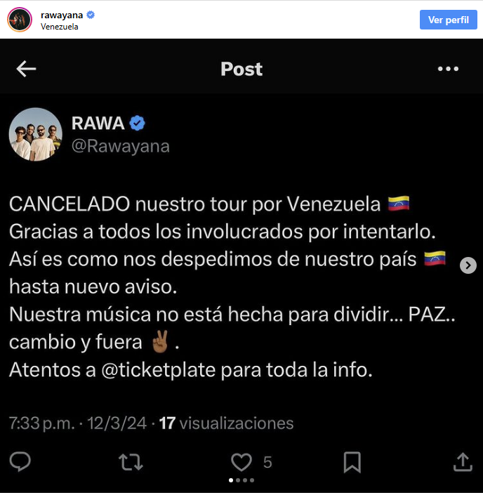 Rawayana canceló conciertos en Venezuela: «Fue lindo mientras se pudo»