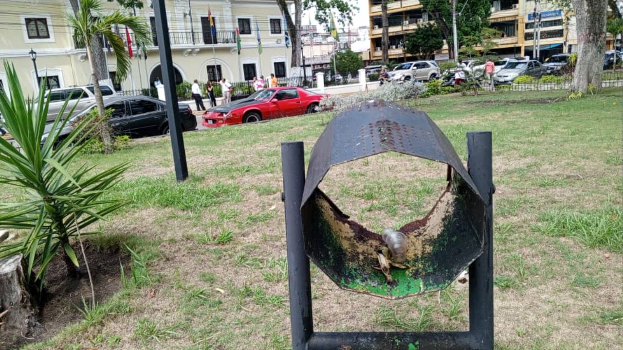Las papeleras de basura y las rejas están deterioradas