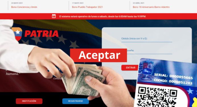 Directo en monedero PATRIA nuevo BONO: Son Bs. 545,60 para ACEPTAR