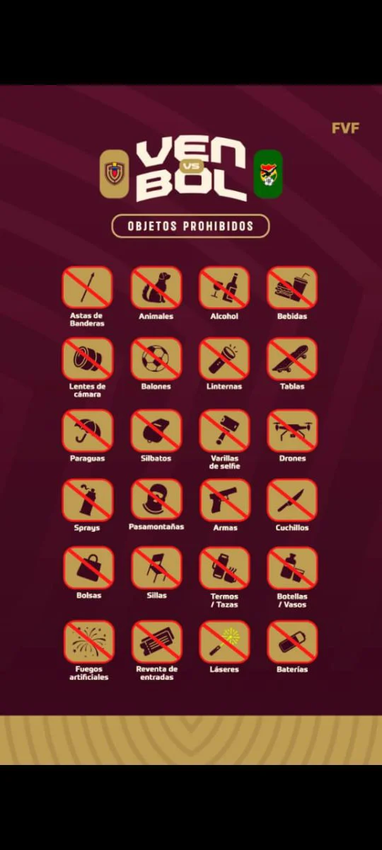 Para ir al Monumental al juego Venezuela - Bolivia ten en cuenta estas recomendaciones 4 OBJETOS PROHIBIDOS