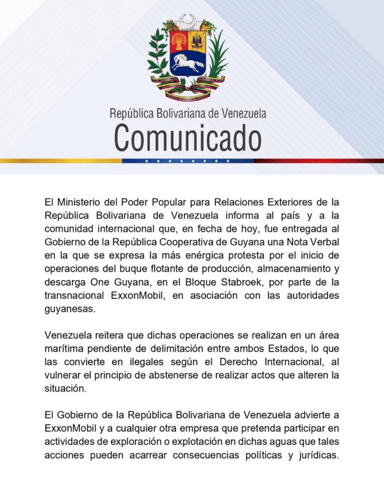 Cancillería entrega carta formal a Guyana por actividad de Exxon Mobil 2 carta formal a Guyana