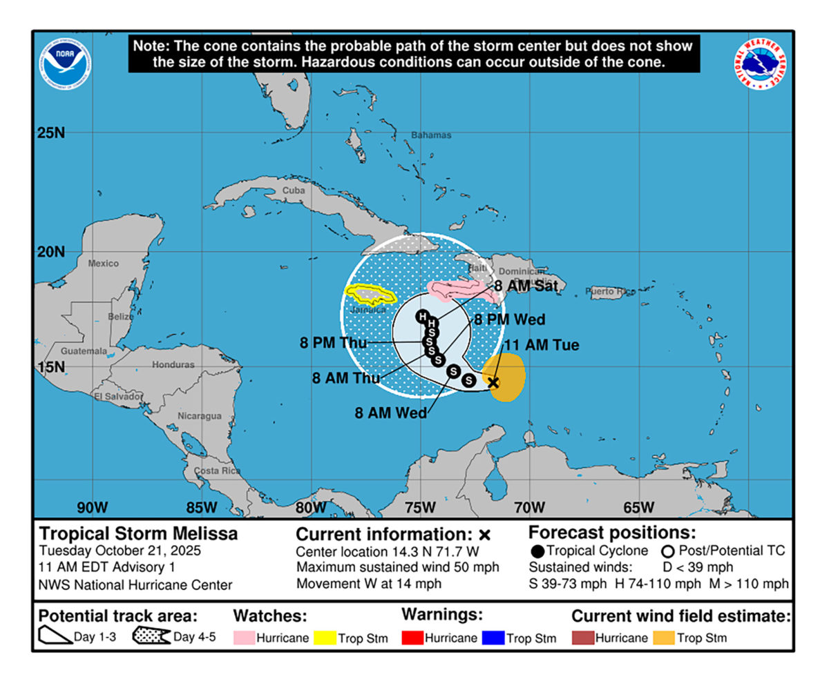 Melissa va camino hacia Haití y Jamaica y podría llegar como huracán 2 Melissa