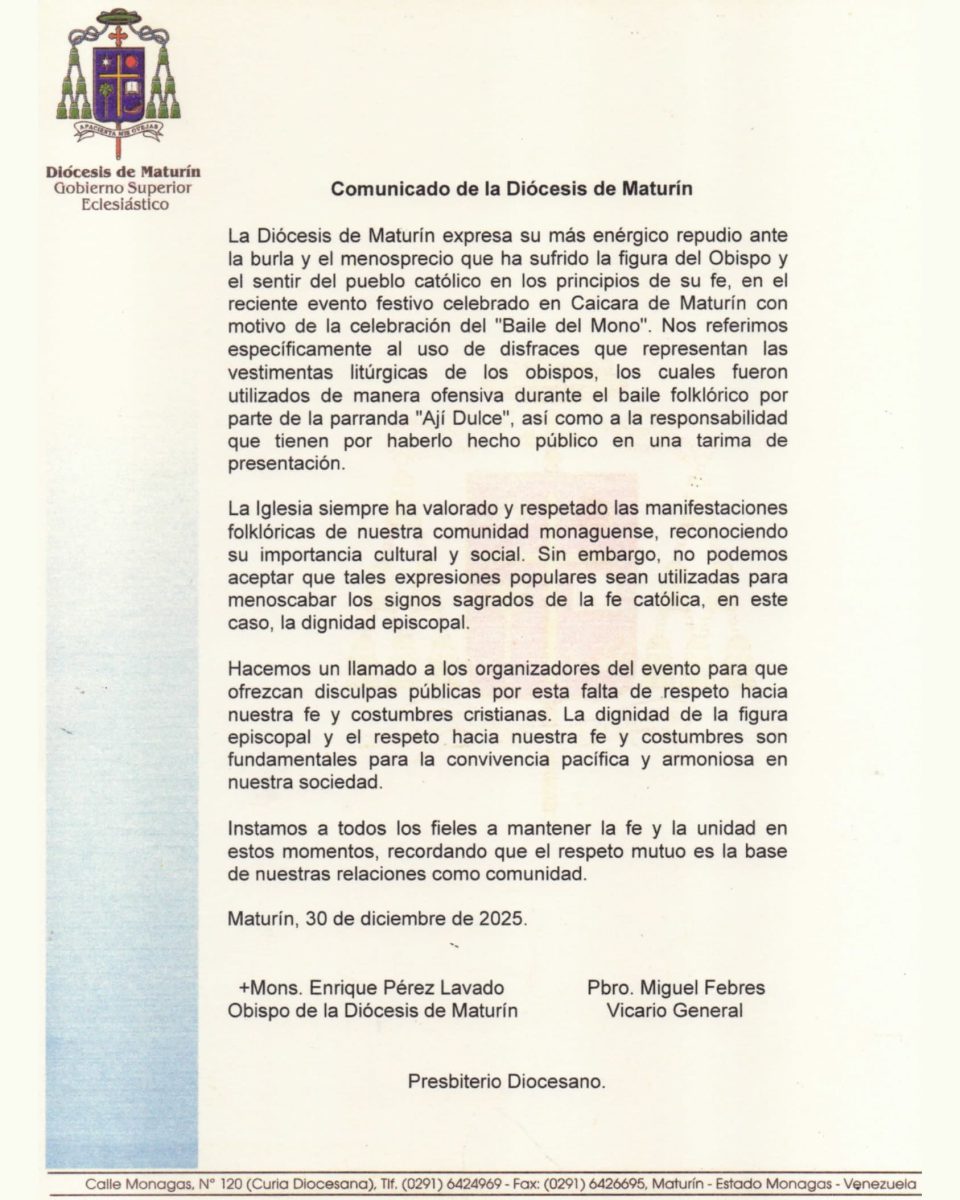 Diócesis de Maturín rechazó uso de vestimentas litúrgicas durante baile del Mono 2 comunicado