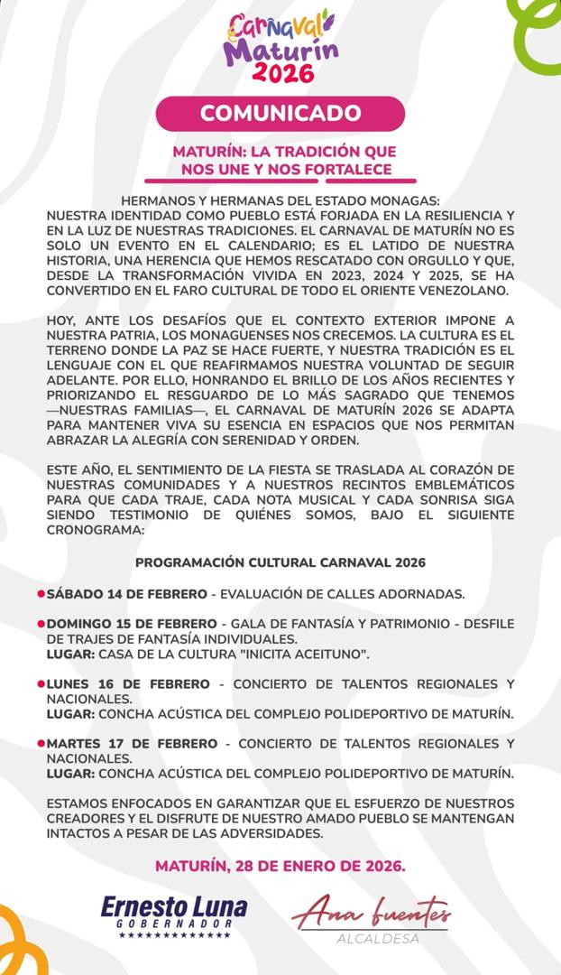 ¡Es oficial! Maturín no tendrá desfiles de Carnaval 2 comunicado1