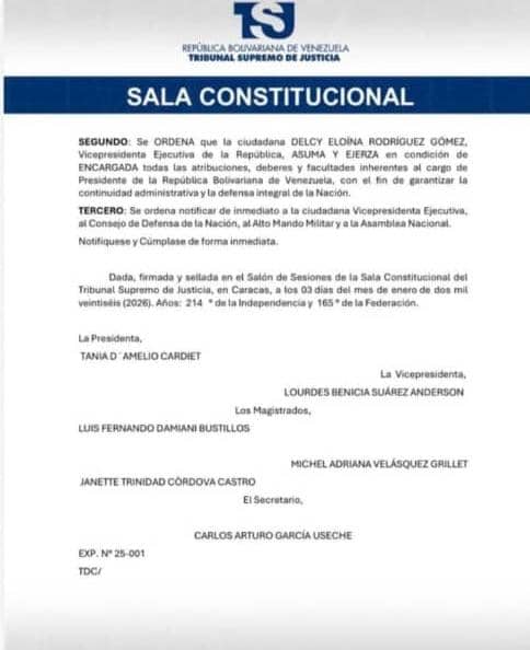 TSJ ordena que Delcy Rodríguez asuma como presidenta encargada de Venezuela 4 tsj3