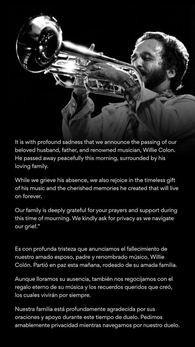 comunicado sobre muerte de willie colon 193588