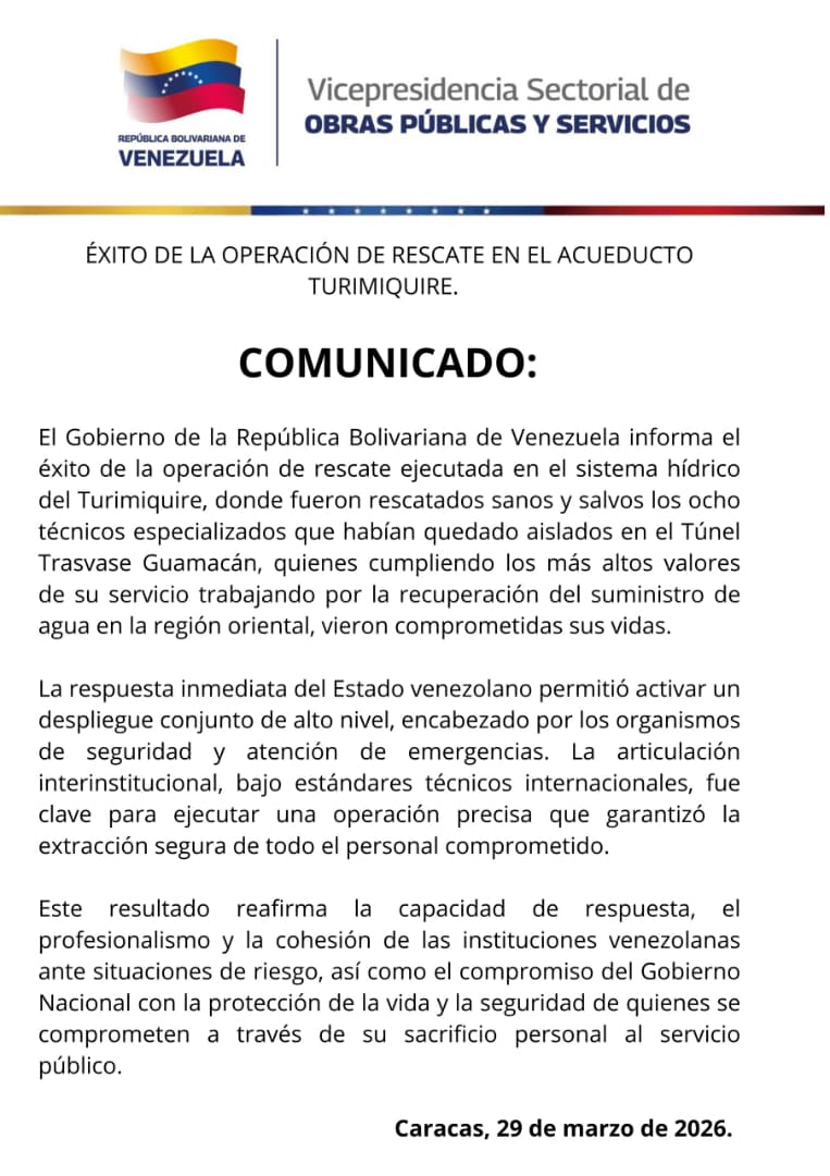 Rescatados sanos y salvos ocho técnicos en el acueducto Turimiquire 2 turimiquire comunicado