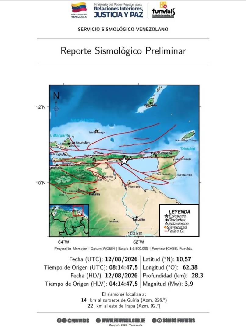 Reporte de Funvisis para este 12-agosto: Dos nuevos eventos telúricos en Venezuela 2 eventos telúricos
