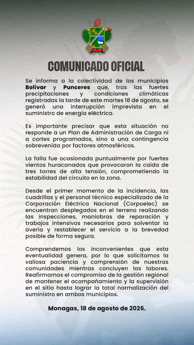 Municipios Bolívar y Punceres sin luz por caída de 3 torres de alta tensión (+Comunicado) 2 comunicado 1
