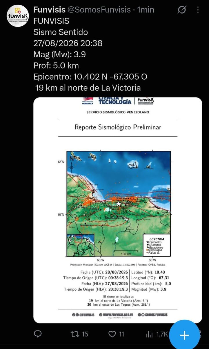 Sismo de magnitud 3.9 se registró en La Victoria y se sintió en Caracas 2 funvisis 1