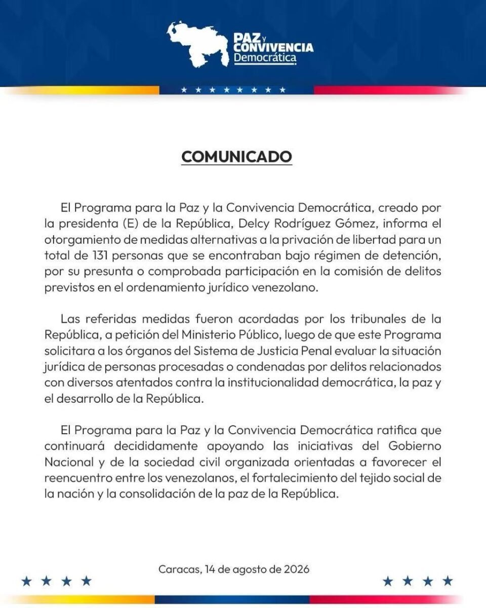 Gobierno informa que excarcelará a 131 detenidos 2 photo 5186222505583119904 y
