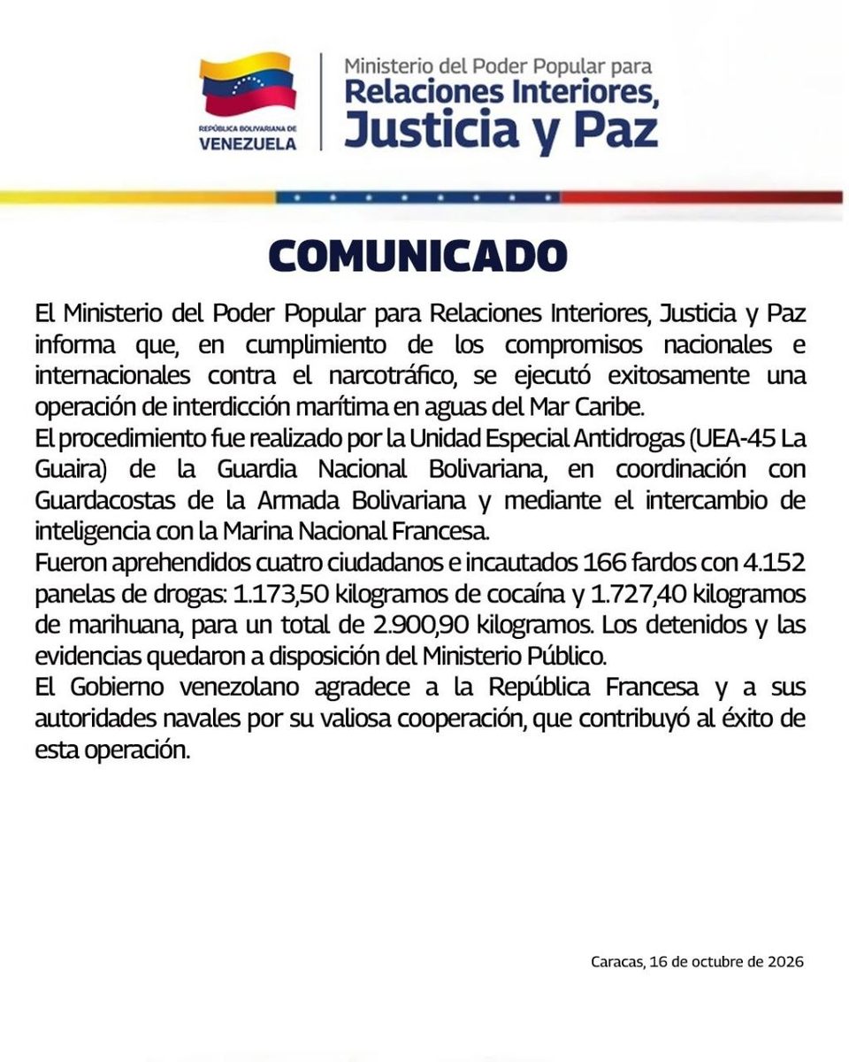 Barco con 2,9 toneladas de drogas es interceptado por Venezuela y Francia 2 drogas
